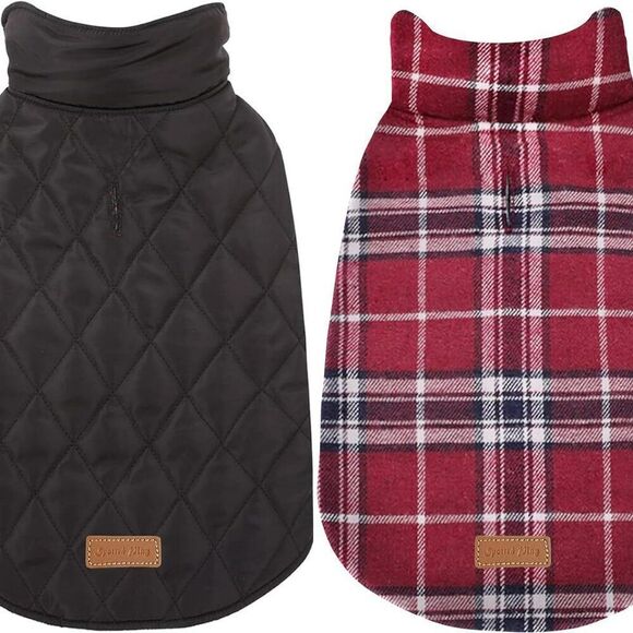 Reversible Waterproof Winter Dog Jacket Coat Plaid and solid Black Sz S … - Picture 1 of 7